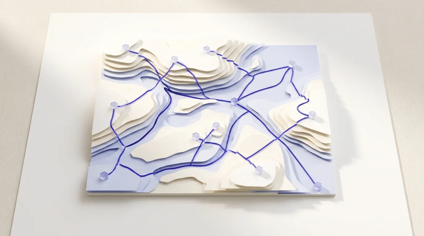 Abstract bright atlas with indigo route lines connecting markers