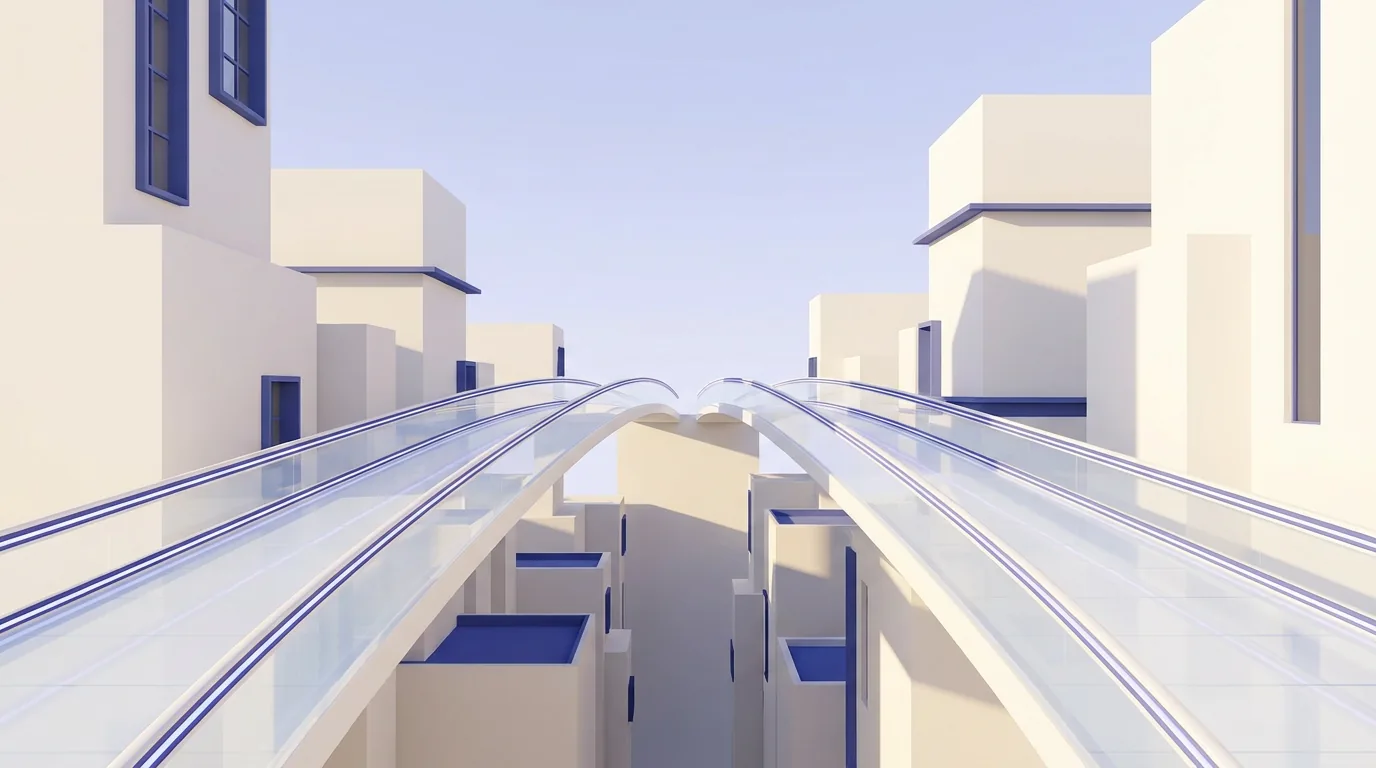 Two bright white bridges meeting above a sunlit minimal cityscape, joined by a ribbon of indigo light