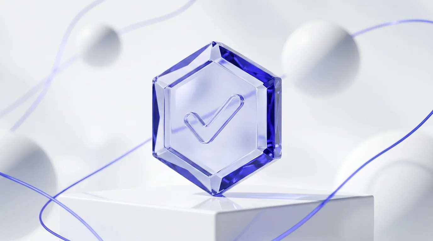 Bright crystalline hexagonal seal with an embossed check, lit with indigo light